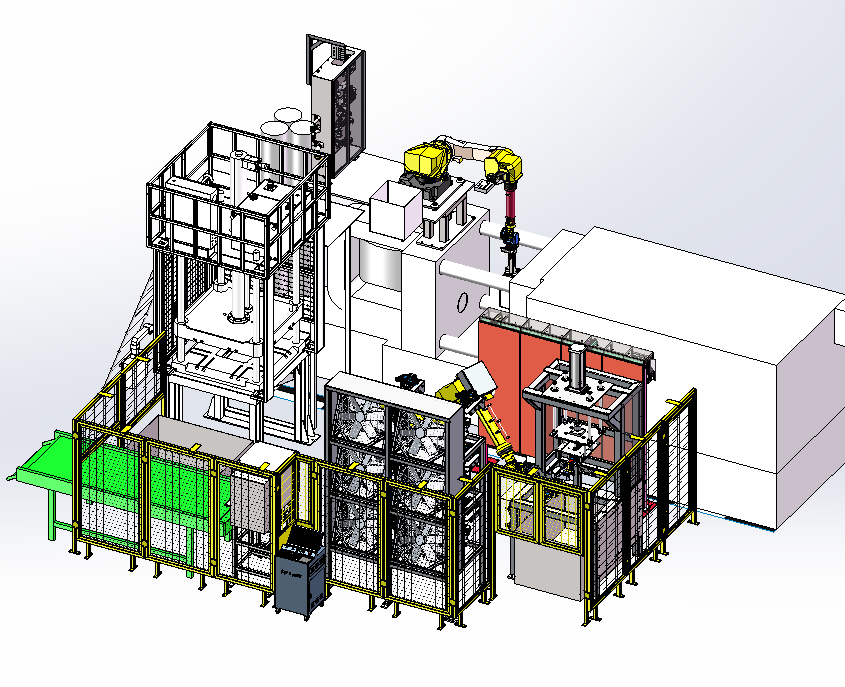 东洋800t压铸机周边用喷涂-取件、去渣包、冷却、精切、刻印机器人自动化系统