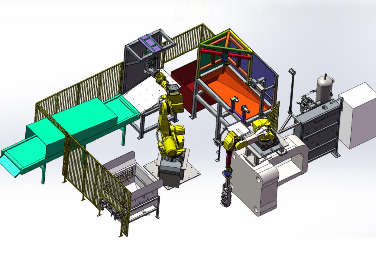 东芝800t压铸机周边用喷涂-取件、去渣包、冷却、去浇口机器人自动化系统