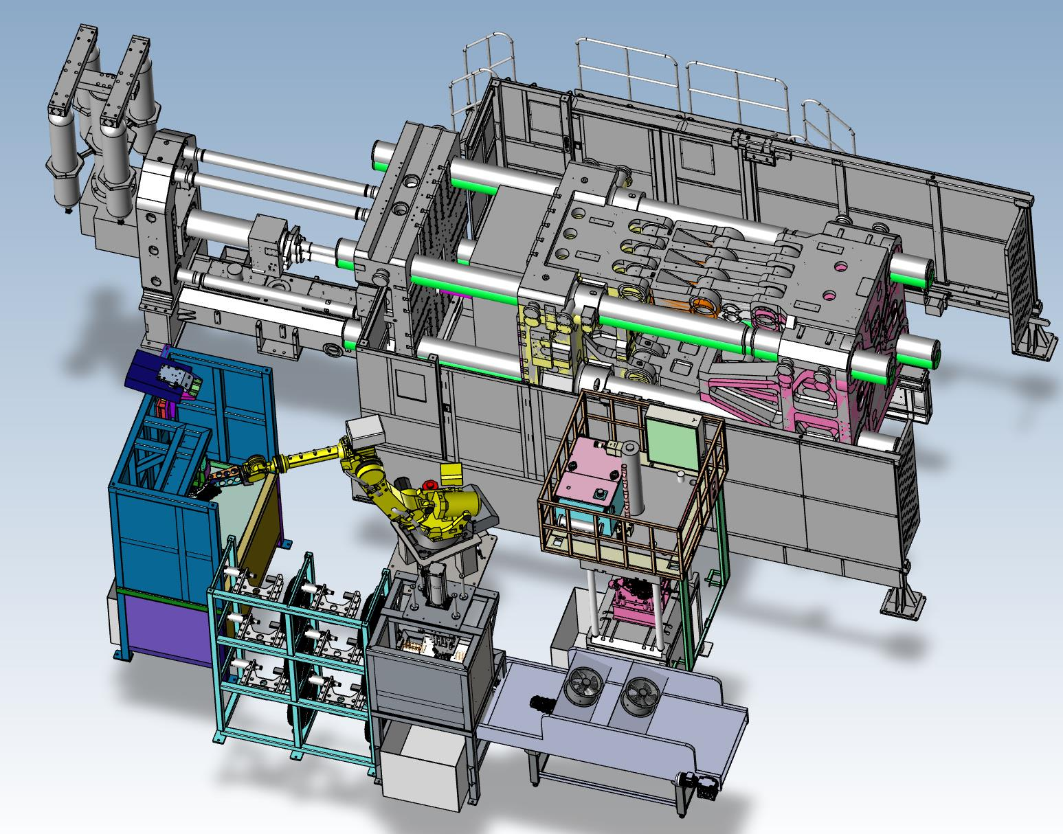 东洋1250t压铸机周边用取件、去渣包、冷却、精切机器人自动化系统